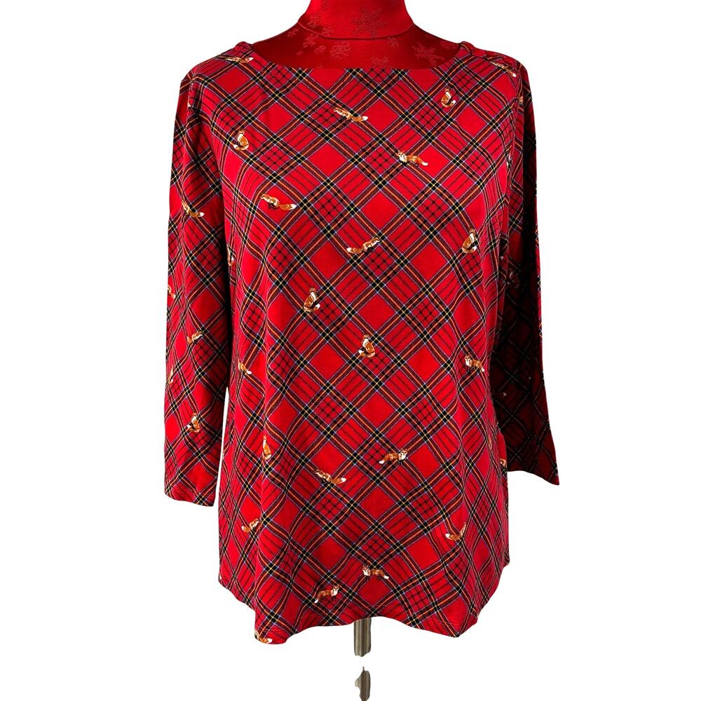 Charter Club red plaid casual top with tiny foxes 100% cotton ladies shirt XL